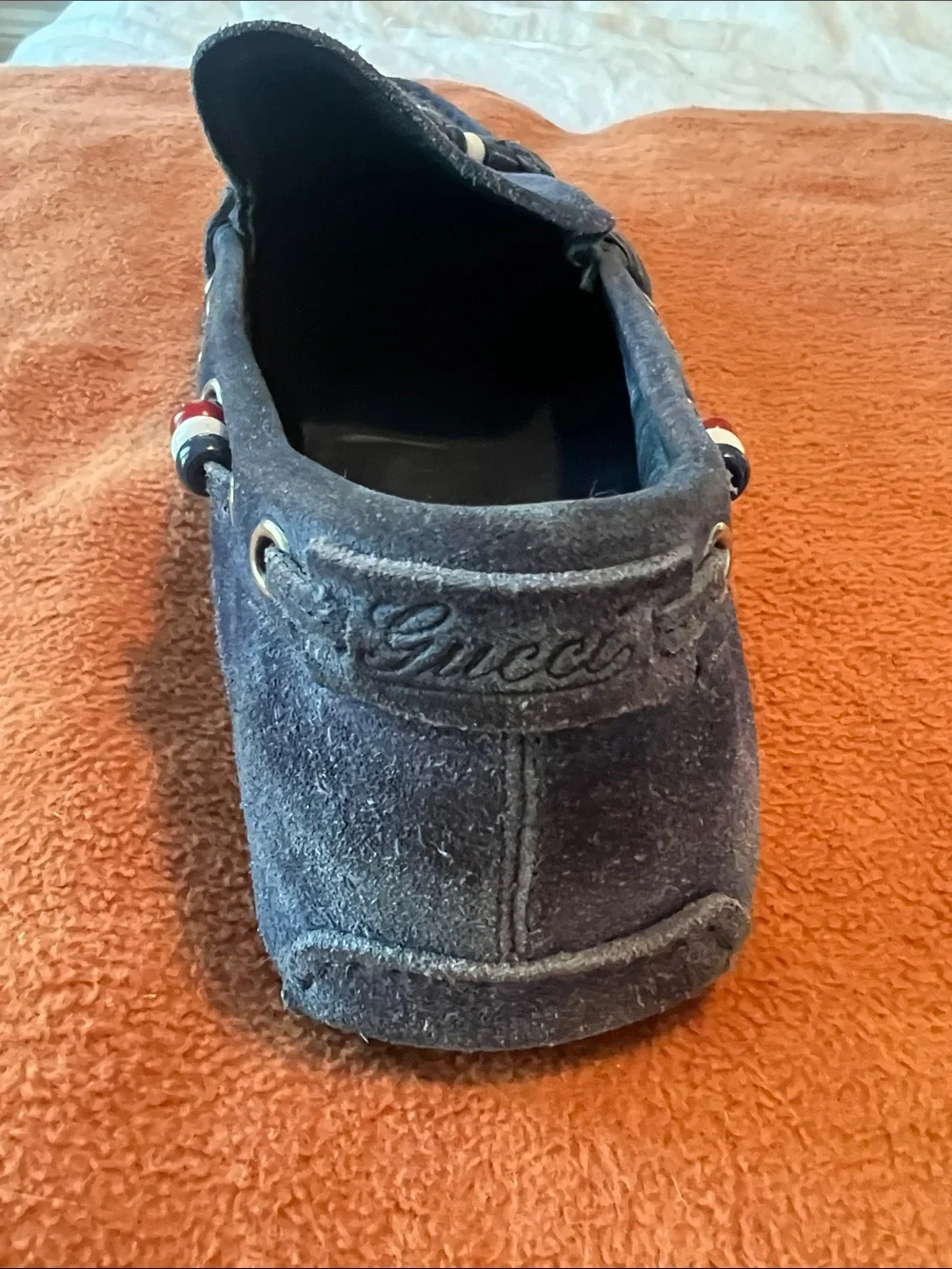 Gucci Navy Suede Tassel Loafers with Bead Accents 212190